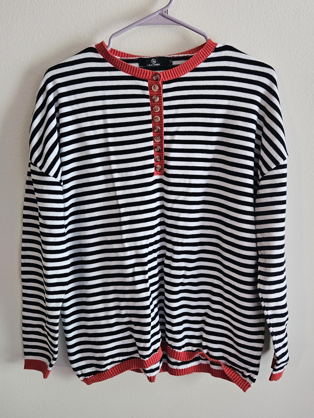 Lillusory Women's Striped Crewneck Sweater with Red Trim. Fall, Trendy